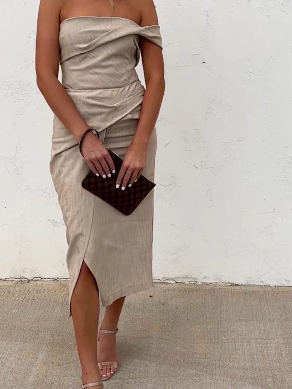 Zara One-Shoulder Beige Midi Dress with Side Slit